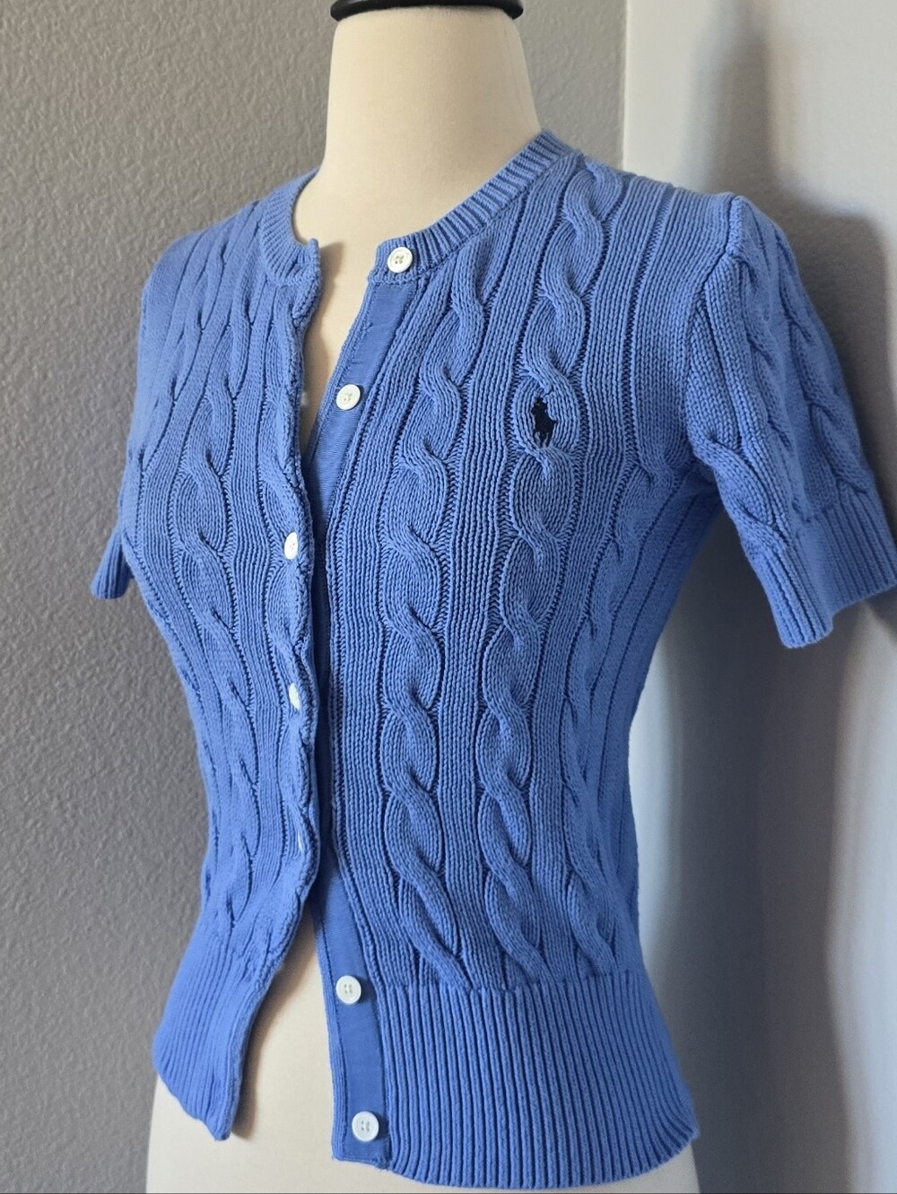 Polo Ralph Lauren Cable-Knit Cotton Short-Sleeve Cardigan $205 XXS Nimes Blue